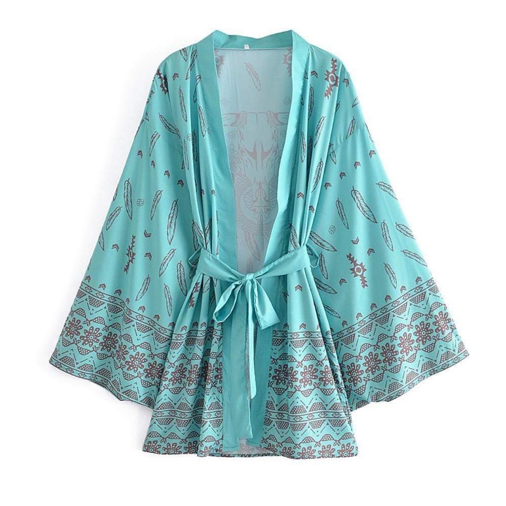 Teal Western Boho Kimono / Cardigan / Cover Up with Feather and Floral Patterns